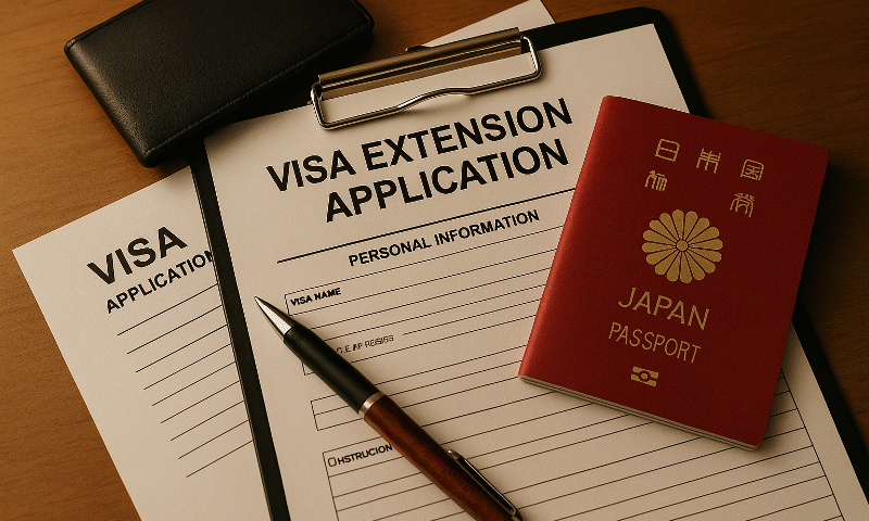 Foto realistik dokumen aplikasi visa Jepang, paspor berwarna merah, dompet hitam, dan pena perak di atas meja kayu hangat. Visual ini menggambarkan aturan visa SSW masa tinggal perpanjangan secara simbolis, menonjolkan nuansa resmi, profesional, serta aksen merah yang elegan.
