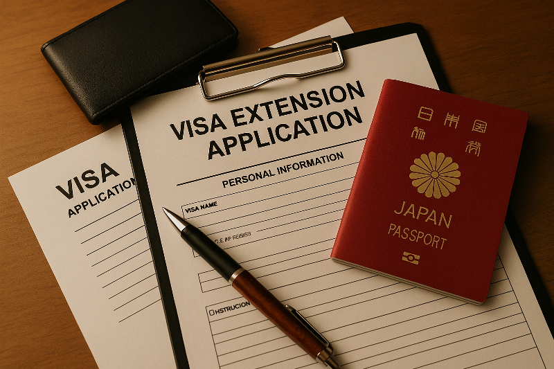 Foto realistik dokumen aplikasi visa Jepang, paspor berwarna merah, dompet hitam, dan pena perak di atas meja kayu hangat. Visual ini menggambarkan aturan visa SSW masa tinggal perpanjangan secara simbolis, menonjolkan nuansa resmi, profesional, serta aksen merah yang elegan.