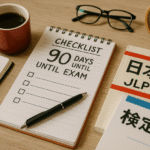 Foto realistik meja belajar dengan checklist belajar 90 hari menjelang ujian, ditampilkan bersama buku teks bahasa Jepang, kalender, jam meja kayu, dan cangkir kopi merah. Suasana rapi dan fokus ini menggambarkan persiapan intensif menghadapi ujian SSW, dengan aksen warna hangat dan detail realistis.