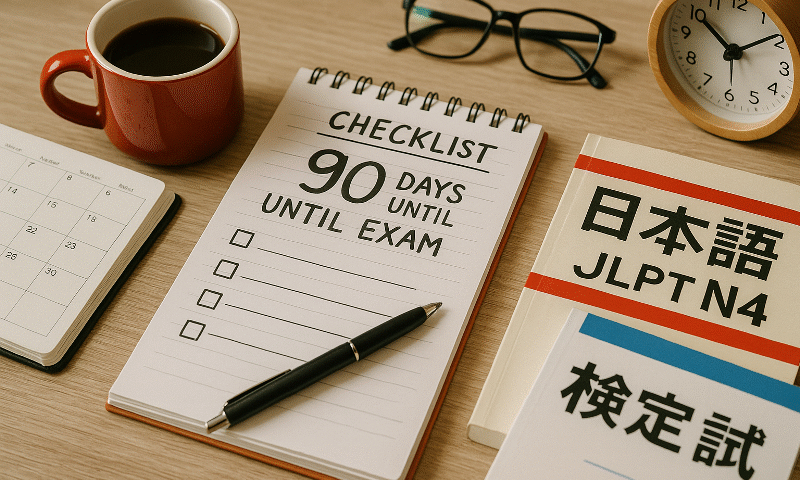 Foto realistik meja belajar dengan checklist belajar 90 hari menjelang ujian, ditampilkan bersama buku teks bahasa Jepang, kalender, jam meja kayu, dan cangkir kopi merah. Suasana rapi dan fokus ini menggambarkan persiapan intensif menghadapi ujian SSW, dengan aksen warna hangat dan detail realistis.