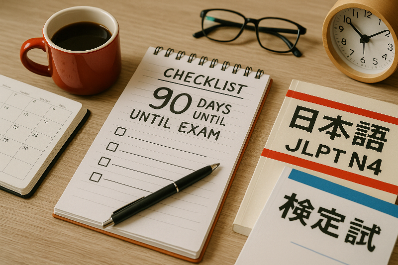 Foto realistik meja belajar dengan checklist belajar 90 hari menjelang ujian, ditampilkan bersama buku teks bahasa Jepang, kalender, jam meja kayu, dan cangkir kopi merah. Suasana rapi dan fokus ini menggambarkan persiapan intensif menghadapi ujian SSW, dengan aksen warna hangat dan detail realistis.
