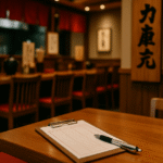 Foto realistik interior restoran Jepang dengan meja kayu berisi papan catatan pesanan dan pena, latar belakang bar kayu dengan kursi beraksen merah, menghadirkan suasana otentik yang merefleksikan penggunaan frasa penting bahasa restoran Jepang dalam aktivitas sehari-hari.