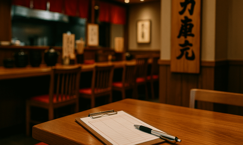 Foto realistik interior restoran Jepang dengan meja kayu berisi papan catatan pesanan dan pena, latar belakang bar kayu dengan kursi beraksen merah, menghadirkan suasana otentik yang merefleksikan penggunaan frasa penting bahasa restoran Jepang dalam aktivitas sehari-hari.