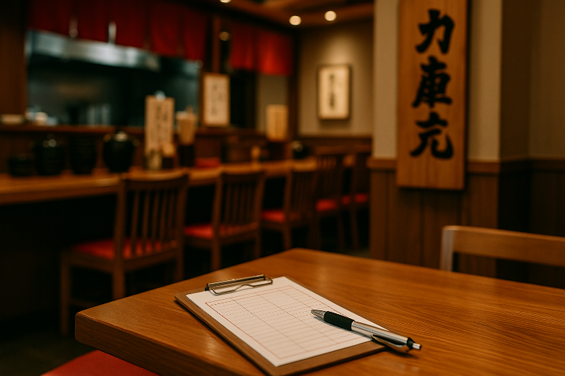 Foto realistik interior restoran Jepang dengan meja kayu berisi papan catatan pesanan dan pena, latar belakang bar kayu dengan kursi beraksen merah, menghadirkan suasana otentik yang merefleksikan penggunaan frasa penting bahasa restoran Jepang dalam aktivitas sehari-hari.
