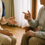 Foto realistik menggambarkan suasana dialog komunikasi caregiver dengan lansia, ditunjukkan melalui close-up gestur tangan di ruang hangat bernuansa kayu dengan cahaya alami. Visual ini merepresentasikan interaksi dan komunikasi penuh empati dalam konteks perawatan lansia sesuai tema artikel.