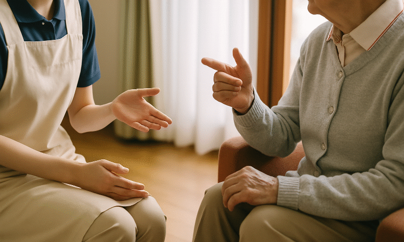 Foto realistik menggambarkan suasana dialog komunikasi caregiver dengan lansia, ditunjukkan melalui close-up gestur tangan di ruang hangat bernuansa kayu dengan cahaya alami. Visual ini merepresentasikan interaksi dan komunikasi penuh empati dalam konteks perawatan lansia sesuai tema artikel.