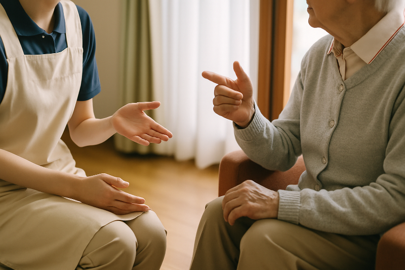 Foto realistik menggambarkan suasana dialog komunikasi caregiver dengan lansia, ditunjukkan melalui close-up gestur tangan di ruang hangat bernuansa kayu dengan cahaya alami. Visual ini merepresentasikan interaksi dan komunikasi penuh empati dalam konteks perawatan lansia sesuai tema artikel.