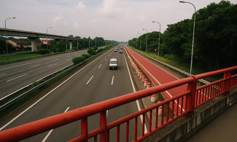 Foto realistik jalan tol dari Karawang menuju lokasi ujian, diambil dari jembatan dengan sudut unik. Menampilkan jalur kendaraan ramai lancar, jalur khusus berwarna merah, serta pagar jembatan merah mencolok. Visual ini menggambarkan rute akses ujian dari Karawang ke lokasi dengan nuansa profesional, modern, dan dinamis.