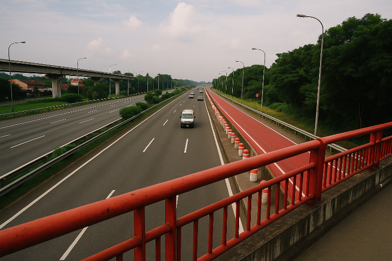 Foto realistik jalan tol dari Karawang menuju lokasi ujian, diambil dari jembatan dengan sudut unik. Menampilkan jalur kendaraan ramai lancar, jalur khusus berwarna merah, serta pagar jembatan merah mencolok. Visual ini menggambarkan rute akses ujian dari Karawang ke lokasi dengan nuansa profesional, modern, dan dinamis.
