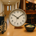 Foto realistik komposit menampilkan batas usia SSW caregiver restoran Jepang: di sisi kiri lorong fasilitas kaigo dengan kursi roda kosong, di sisi kanan interior restoran Jepang dengan semangkuk udon dan sup tradisional. Jam analog besar di tengah menekankan simbol waktu dan usia, menggambarkan tema batas usia SSW caregiver restoran Jepang secara visual.