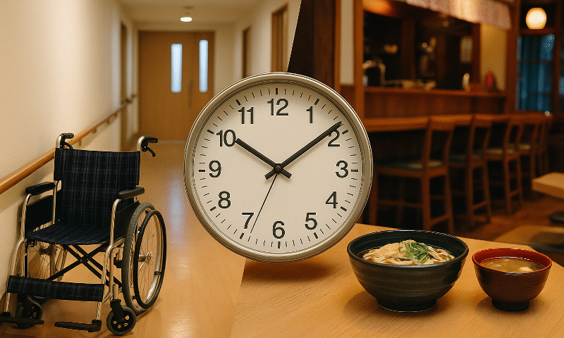 Foto realistik komposit menampilkan batas usia SSW caregiver restoran Jepang: di sisi kiri lorong fasilitas kaigo dengan kursi roda kosong, di sisi kanan interior restoran Jepang dengan semangkuk udon dan sup tradisional. Jam analog besar di tengah menekankan simbol waktu dan usia, menggambarkan tema batas usia SSW caregiver restoran Jepang secara visual.
