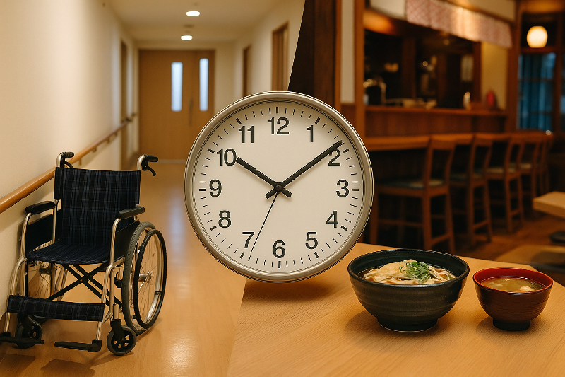 Foto realistik komposit menampilkan batas usia SSW caregiver restoran Jepang: di sisi kiri lorong fasilitas kaigo dengan kursi roda kosong, di sisi kanan interior restoran Jepang dengan semangkuk udon dan sup tradisional. Jam analog besar di tengah menekankan simbol waktu dan usia, menggambarkan tema batas usia SSW caregiver restoran Jepang secara visual.