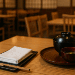 Foto realistik interior restoran Jepang dengan meja kayu rapi berisi tatakan, sumpit, serbet putih terlipat, serta mangkuk sup dan wadah hitam tradisional. Suasana hangat, bersih, dan beraksen merah tipis ini merepresentasikan etika kerja standar restoran Jepang SOP dalam penyajian yang tertib dan profesional.