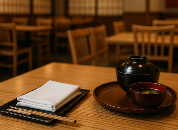 Foto realistik interior restoran Jepang dengan meja kayu rapi berisi tatakan, sumpit, serbet putih terlipat, serta mangkuk sup dan wadah hitam tradisional. Suasana hangat, bersih, dan beraksen merah tipis ini merepresentasikan etika kerja standar restoran Jepang SOP dalam penyajian yang tertib dan profesional.