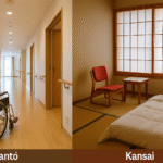 Foto perbandingan lingkungan kerja caregiver Kanto vs Kansai, menampilkan lorong modern fasilitas perawatan dengan kursi roda di sisi kiri (Kanto) dan ruang tradisional tatami dengan shoji, futon, serta kursi beraksen merah di sisi kanan (Kansai). Visual realistik tanpa manusia, memberi gambaran unik lingkungan kerja caregiver di dua wilayah Jepang.