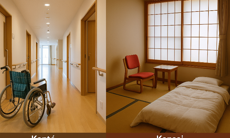 Foto perbandingan lingkungan kerja caregiver Kanto vs Kansai, menampilkan lorong modern fasilitas perawatan dengan kursi roda di sisi kiri (Kanto) dan ruang tradisional tatami dengan shoji, futon, serta kursi beraksen merah di sisi kanan (Kansai). Visual realistik tanpa manusia, memberi gambaran unik lingkungan kerja caregiver di dua wilayah Jepang.