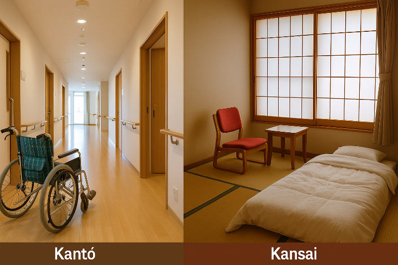 Foto perbandingan lingkungan kerja caregiver Kanto vs Kansai, menampilkan lorong modern fasilitas perawatan dengan kursi roda di sisi kiri (Kanto) dan ruang tradisional tatami dengan shoji, futon, serta kursi beraksen merah di sisi kanan (Kansai). Visual realistik tanpa manusia, memberi gambaran unik lingkungan kerja caregiver di dua wilayah Jepang.