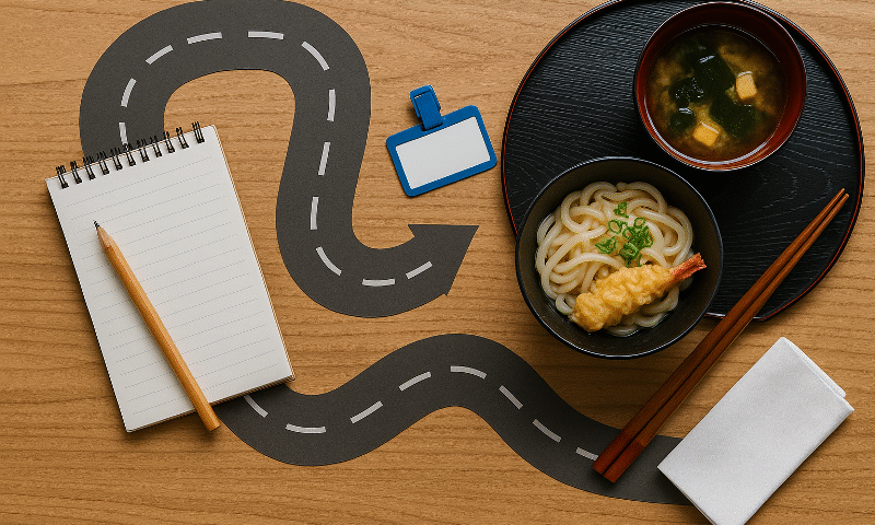 Foto flat lay realistik menampilkan ilustrasi roadmap keterampilan pelayan restoran Jepang dengan jalur jalan berliku di atas meja kayu, mengarah pada set hidangan udon, tempura, dan sup miso. Terlihat pula buku catatan, pensil, sumpit kayu, dan aksen merah halus, menggambarkan proses pembelajaran dan karir di bidang kuliner Jepang.