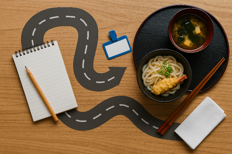 Foto flat lay realistik menampilkan ilustrasi roadmap keterampilan pelayan restoran Jepang dengan jalur jalan berliku di atas meja kayu, mengarah pada set hidangan udon, tempura, dan sup miso. Terlihat pula buku catatan, pensil, sumpit kayu, dan aksen merah halus, menggambarkan proses pembelajaran dan karir di bidang kuliner Jepang.
