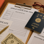 Foto realistik dokumen wajib aplikasi visa SSW lengkap, menampilkan formulir aplikasi visa, paspor Jepang, resume SSW, sertifikat, dan perlengkapan pendukung di atas meja kayu dengan pencahayaan hangat serta aksen merah dari kacamata. Visual ini menggambarkan kelengkapan dokumen aplikasi visa SSW secara profesional dan otentik.