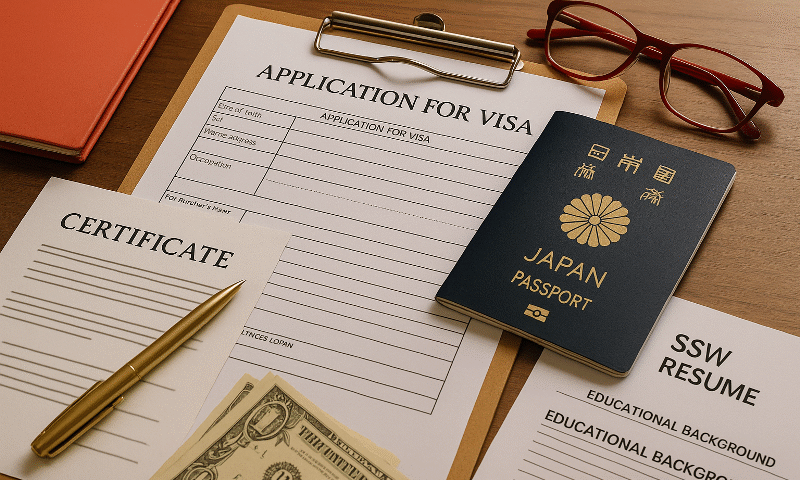 Foto realistik dokumen wajib aplikasi visa SSW lengkap, menampilkan formulir aplikasi visa, paspor Jepang, resume SSW, sertifikat, dan perlengkapan pendukung di atas meja kayu dengan pencahayaan hangat serta aksen merah dari kacamata. Visual ini menggambarkan kelengkapan dokumen aplikasi visa SSW secara profesional dan otentik.