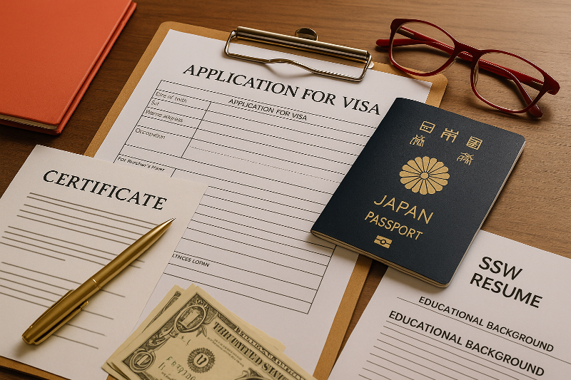 Foto realistik dokumen wajib aplikasi visa SSW lengkap, menampilkan formulir aplikasi visa, paspor Jepang, resume SSW, sertifikat, dan perlengkapan pendukung di atas meja kayu dengan pencahayaan hangat serta aksen merah dari kacamata. Visual ini menggambarkan kelengkapan dokumen aplikasi visa SSW secara profesional dan otentik.