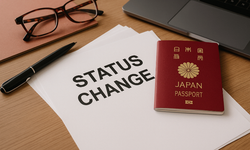 Foto realistik meja kerja dengan dokumen, paspor Jepang berwarna merah, pena, dan laptop yang menggambarkan proses alih status TITP ke SSW. Visual ini merepresentasikan prosedur dokumen resmi dengan nuansa profesional, hangat, dan detail otentik sesuai tema alih status titp ke ssw prosedur.