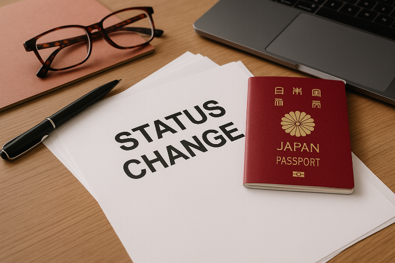 Foto realistik meja kerja dengan dokumen, paspor Jepang berwarna merah, pena, dan laptop yang menggambarkan proses alih status TITP ke SSW. Visual ini merepresentasikan prosedur dokumen resmi dengan nuansa profesional, hangat, dan detail otentik sesuai tema alih status titp ke ssw prosedur.