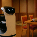 Foto realistik robot pelayanan modern di dalam restoran Jepang tradisional dengan kursi berlapis merah, meja kayu, dan pintu shoji. Visual ini menggambarkan tren industri hospitality Jepang 2025 otomasi dengan perpaduan budaya tradisional dan teknologi mutakhir.