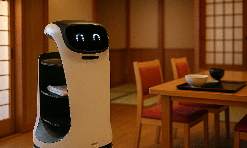 Foto realistik robot pelayanan modern di dalam restoran Jepang tradisional dengan kursi berlapis merah, meja kayu, dan pintu shoji. Visual ini menggambarkan tren industri hospitality Jepang 2025 otomasi dengan perpaduan budaya tradisional dan teknologi mutakhir.