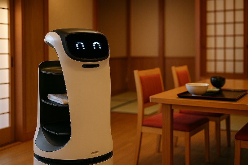 Foto realistik robot pelayanan modern di dalam restoran Jepang tradisional dengan kursi berlapis merah, meja kayu, dan pintu shoji. Visual ini menggambarkan tren industri hospitality Jepang 2025 otomasi dengan perpaduan budaya tradisional dan teknologi mutakhir.