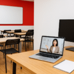 Foto realistik ruang kelas modern dengan setup hybrid: sisi kiri deretan meja dan kursi menghadap papan tulis putih untuk belajar offline, sisi kanan meja kayu dengan laptop yang menampilkan pembelajaran online dan monitor kosong, mencerminkan strategi belajar hybrid offline online SSW dengan nuansa hangat dan aksen merah.