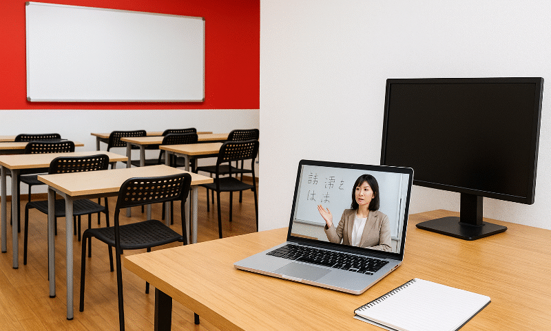 Foto realistik ruang kelas modern dengan setup hybrid: sisi kiri deretan meja dan kursi menghadap papan tulis putih untuk belajar offline, sisi kanan meja kayu dengan laptop yang menampilkan pembelajaran online dan monitor kosong, mencerminkan strategi belajar hybrid offline online SSW dengan nuansa hangat dan aksen merah.