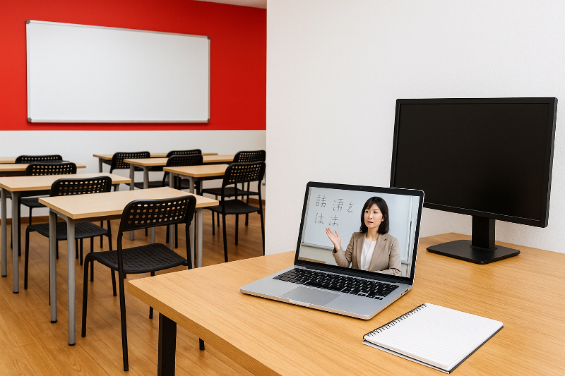 Foto realistik ruang kelas modern dengan setup hybrid: sisi kiri deretan meja dan kursi menghadap papan tulis putih untuk belajar offline, sisi kanan meja kayu dengan laptop yang menampilkan pembelajaran online dan monitor kosong, mencerminkan strategi belajar hybrid offline online SSW dengan nuansa hangat dan aksen merah.