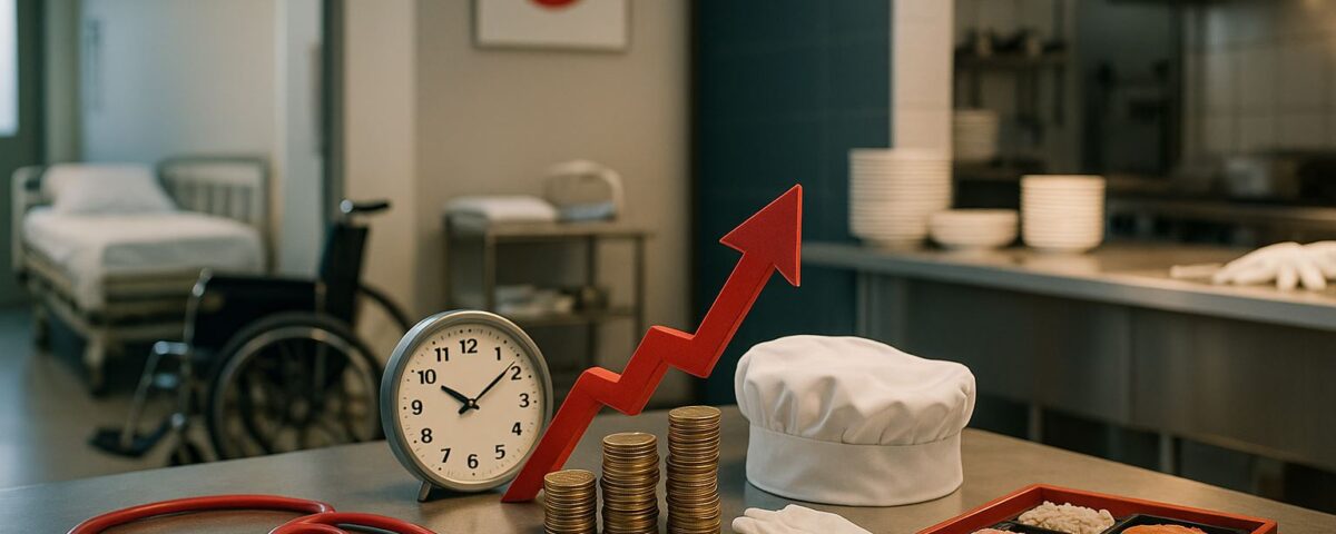 Kenaikan upah minimum Jepang 2025, still life profesional tanpa manusia menampilkan kursi roda, perlengkapan dapur, dan tumpukan koin dengan aksen merah.