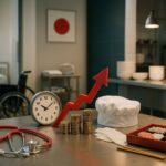 Kenaikan upah minimum Jepang 2025, still life profesional tanpa manusia menampilkan kursi roda, perlengkapan dapur, dan tumpukan koin dengan aksen merah.