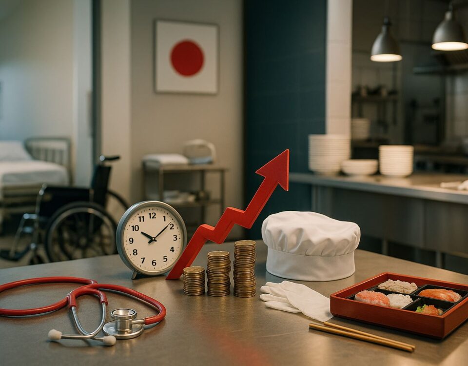 Kenaikan upah minimum Jepang 2025, still life profesional tanpa manusia menampilkan kursi roda, perlengkapan dapur, dan tumpukan koin dengan aksen merah.