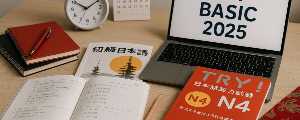 Panduan JFT Basic 2025 di Karawang: meja belajar modern dengan buku bahasa Jepang, kalender, dan aksen merah, suasana sekolah bahasa profesional tanpa objek manusia
