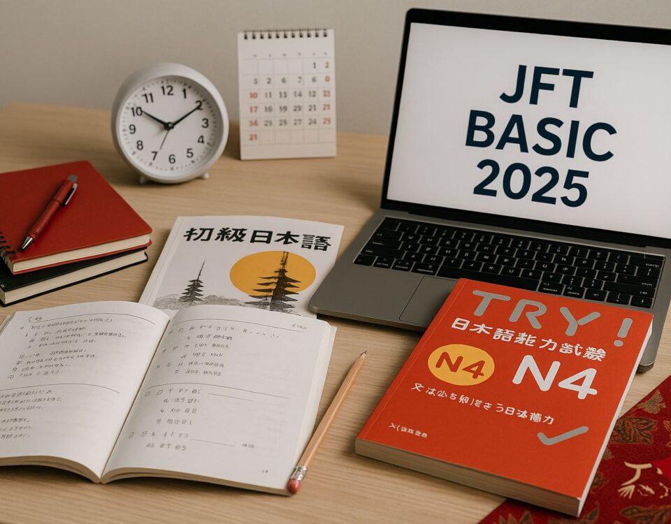 Panduan JFT Basic 2025 di Karawang: meja belajar modern dengan buku bahasa Jepang, kalender, dan aksen merah, suasana sekolah bahasa profesional tanpa objek manusia