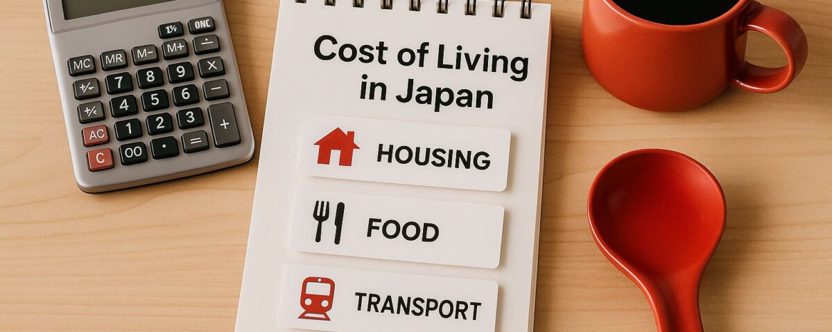 Meja kayu dengan kalkulator, cangkir merah, dan buku catatan berisi perhitungan biaya hidup pekerja SSW di Jepang, menggambarkan rincian sewa, makan, dan transportasi dengan suasana profesional dan lembut.