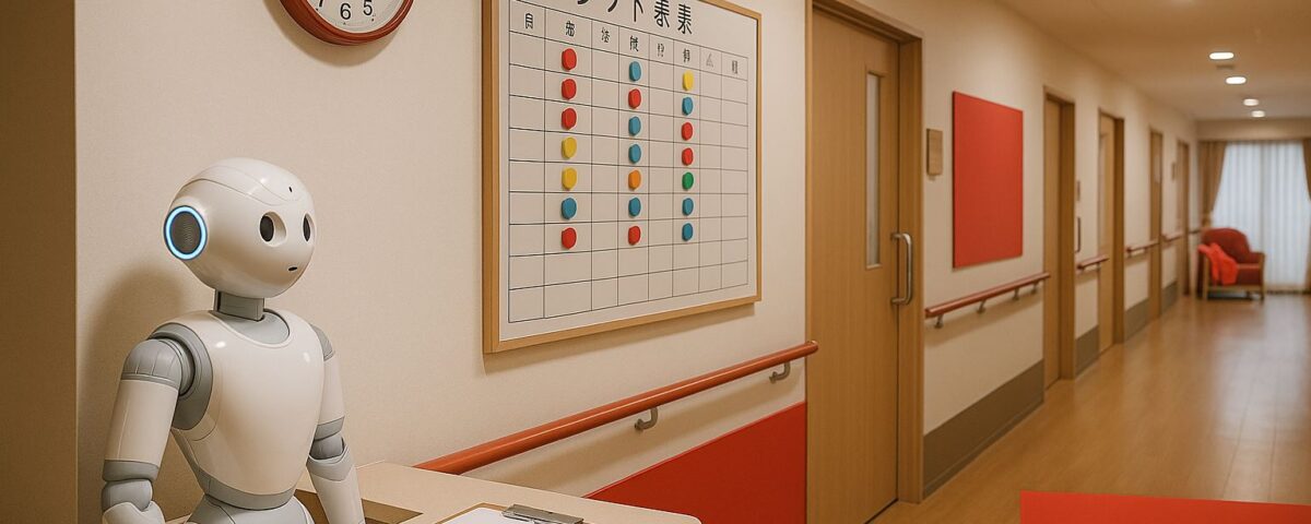Shift kerja panti lansia di Jepang dengan konsep spot work, robot pendukung di nurse station, koridor tenang beraksen merah, ultra-realistic, tanpa manusia.