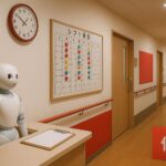 Shift kerja panti lansia di Jepang dengan konsep spot work, robot pendukung di nurse station, koridor tenang beraksen merah, ultra-realistic, tanpa manusia.