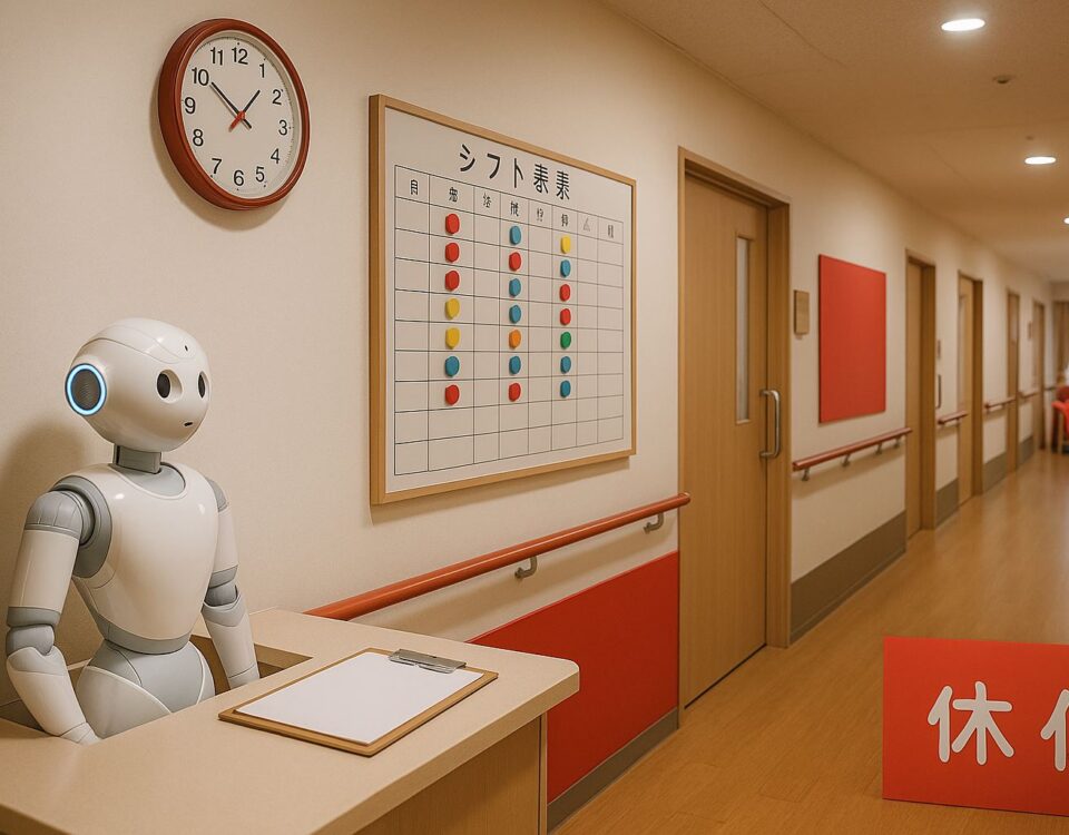 Shift kerja panti lansia di Jepang dengan konsep spot work, robot pendukung di nurse station, koridor tenang beraksen merah, ultra-realistic, tanpa manusia.
