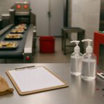 Checklist higiene dan keamanan pangan di pabrik pengolahan makanan Jepang — stasiun kualitas tanpa manusia, conveyor stainless, sanitizer, sarung tangan, termometer, dan papan cek — aksen merah yang modern.