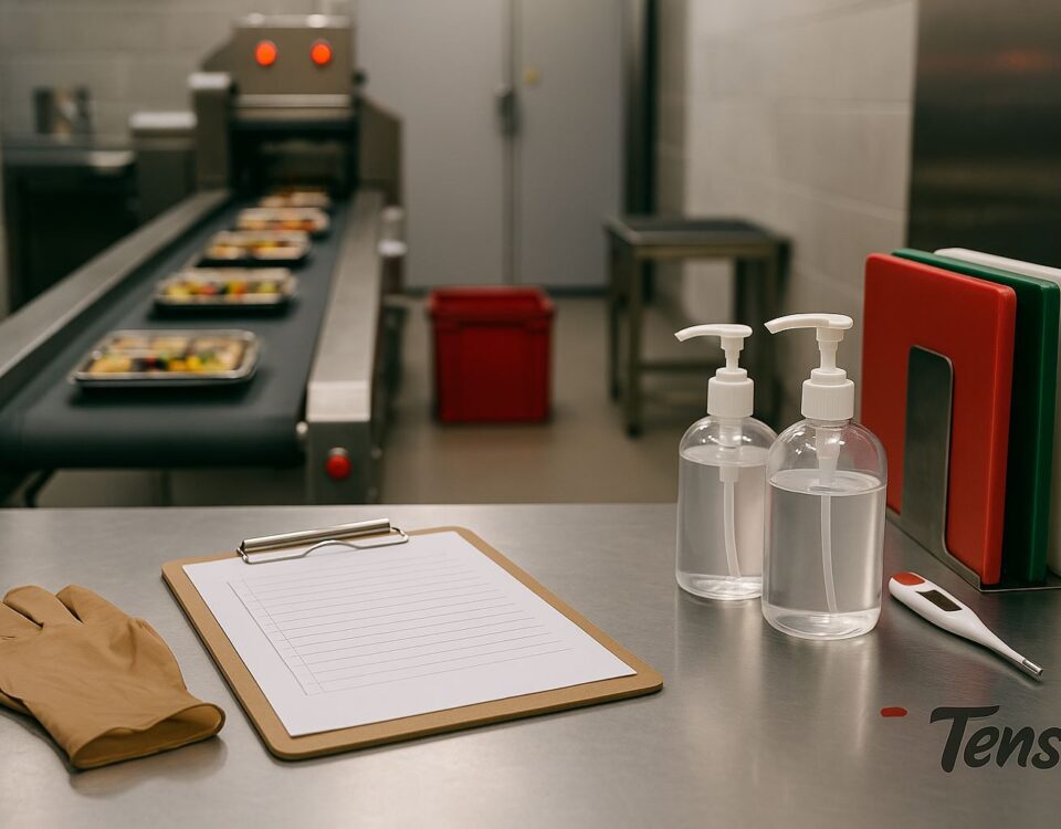Checklist higiene dan keamanan pangan di pabrik pengolahan makanan Jepang — stasiun kualitas tanpa manusia, conveyor stainless, sanitizer, sarung tangan, termometer, dan papan cek — aksen merah yang modern.