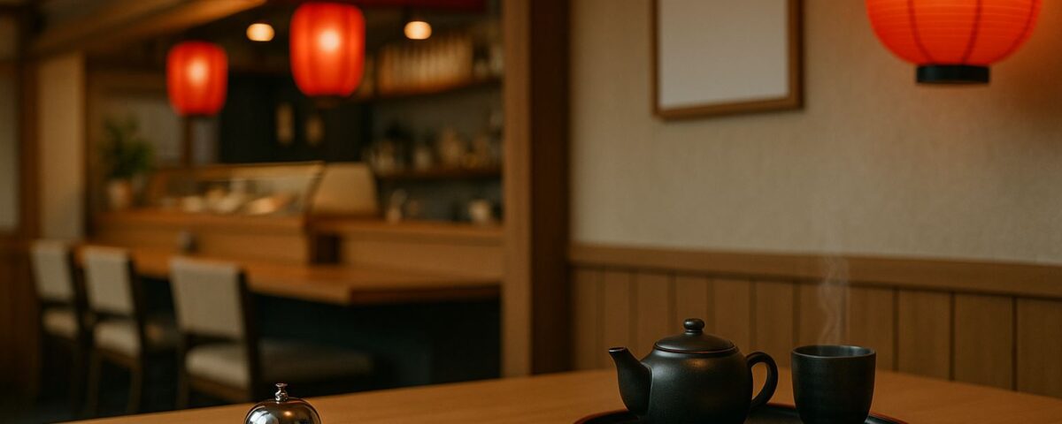 Etiket layanan restoran Jepang — tata meja profesional dengan sumpit tersusun rapi, cangkir teh beruap, lonceng servis, dan lampion merah, menggambarkan standar komunikasi dan bahasa kerja.