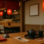 Etiket layanan restoran Jepang — tata meja profesional dengan sumpit tersusun rapi, cangkir teh beruap, lonceng servis, dan lampion merah, menggambarkan standar komunikasi dan bahasa kerja.