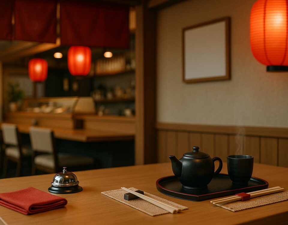 Etiket layanan restoran Jepang — tata meja profesional dengan sumpit tersusun rapi, cangkir teh beruap, lonceng servis, dan lampion merah, menggambarkan standar komunikasi dan bahasa kerja.