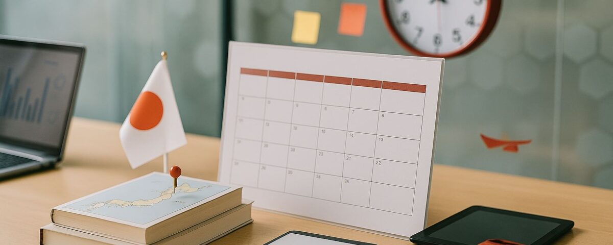 Roadmap belajar bahasa Jepang enam bulan untuk SSW dari Karawang, set meja studi modern tanpa manusia, aksen merah, suasana sekolah bahasa yang profesional.