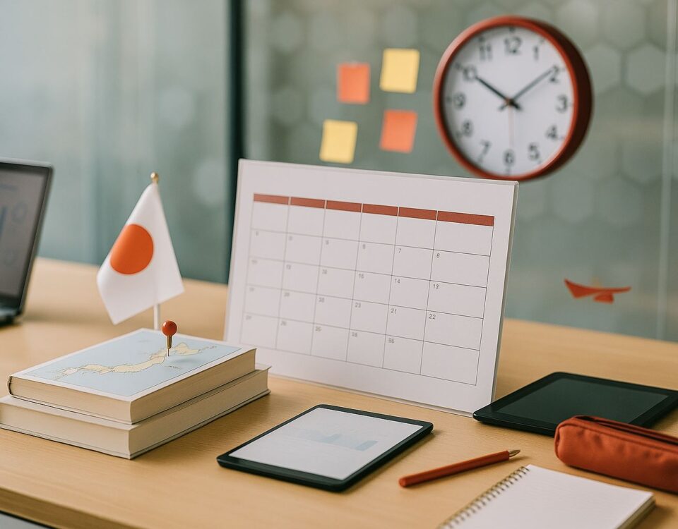 Roadmap belajar bahasa Jepang enam bulan untuk SSW dari Karawang, set meja studi modern tanpa manusia, aksen merah, suasana sekolah bahasa yang profesional.